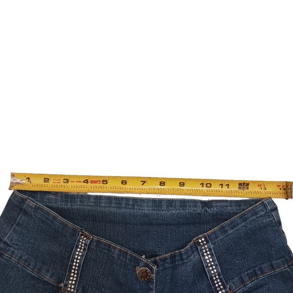 Y2K GAUCHOS Coullotes Jrs Sz XL Denim Stretch Spandex RHINESTONES Sun Fade - Picture 10 of 16